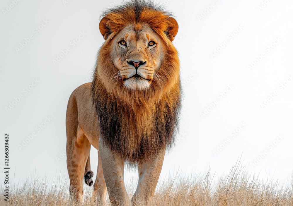 Fototapeta premium Majestic Male Lion with a Regal Mane Standing Proudly Against a White Background, Showcasing the Beauty and Strength of the King of the Jungle