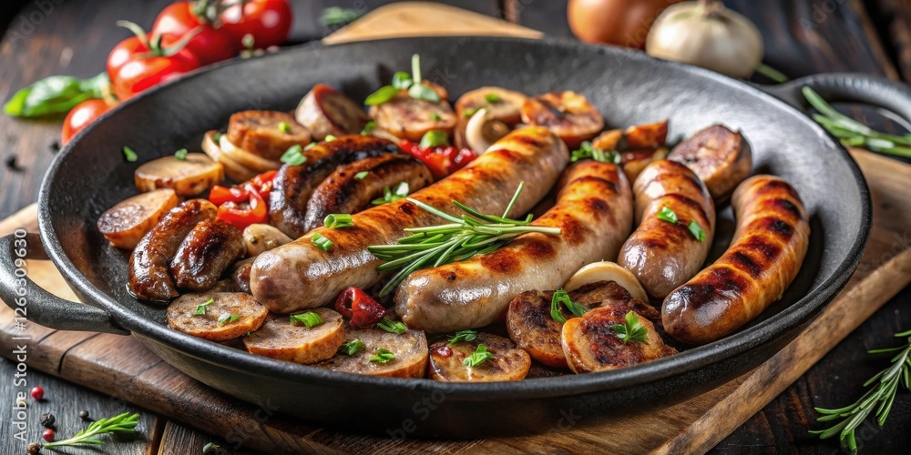 Savory Grilled Sausages and Sliced Mushrooms with Fresh Herbs in a Cast Iron Pan Savory Grilled Sausages and Sliced Mushrooms with Fresh Herbs in a Cast Iron Pan