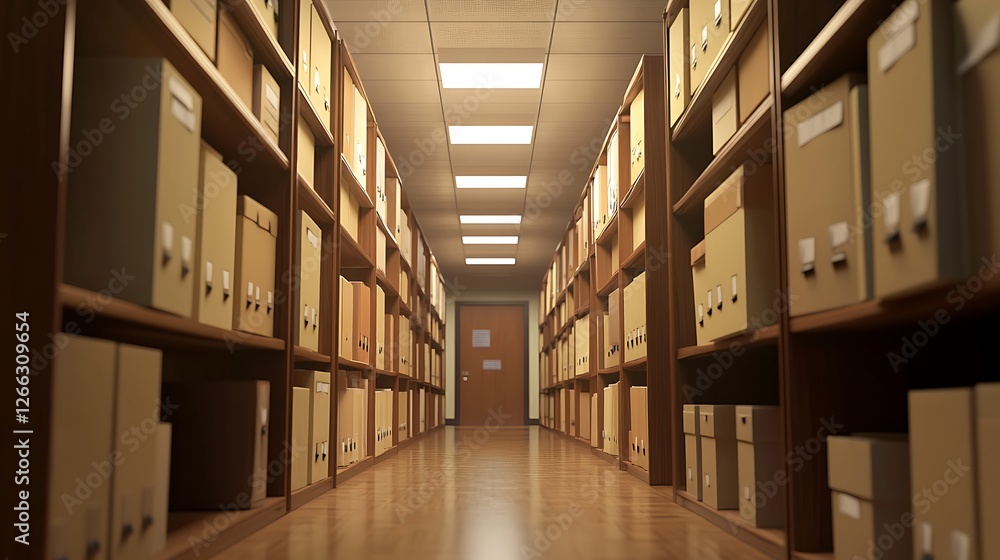 Dusty office hallway filled with boxes of documents Dusty office hallway filled with boxes of documents