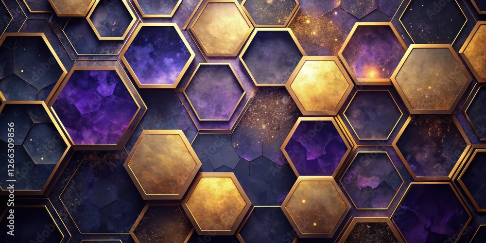 Abstract Hexagonal Gold and Purple Pattern Design with Glittering Texture Abstract Hexagonal Gold and Purple Pattern Design with Glittering Texture