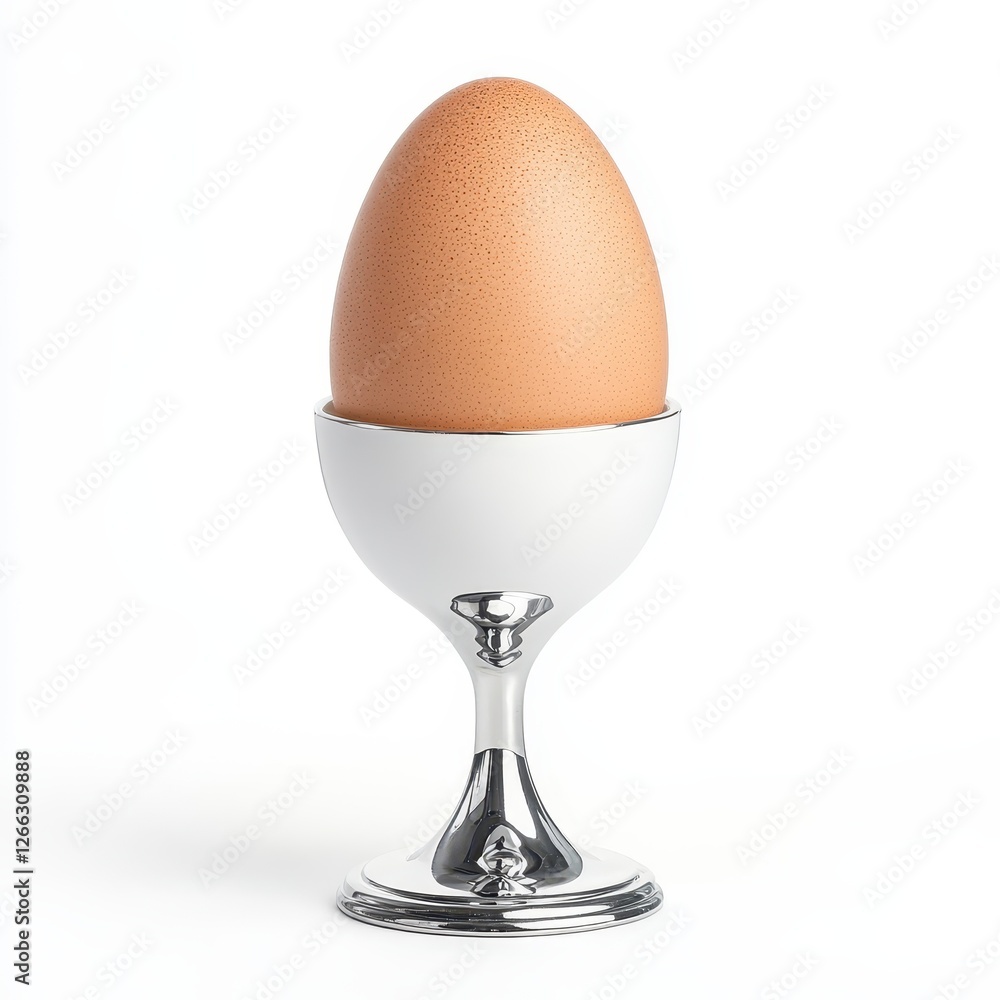 Speckled Brown Egg in Elegant Silver and White Egg Cup, Generative AI. Speckled Brown Egg in Elegant Silver and White Egg Cup, Generative AI.