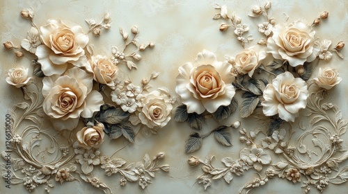 Elegant floral relief sculpture featuring cream and beige roses with intricate detailing
