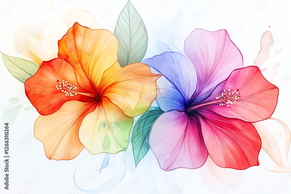 Obraz premium Vibrant watercolor illustration of hibiscus flowers showcasing bright colors and delicate details for floral design.