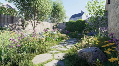 Wallpaper Mural Sunny garden path through colorful wildflowers, homes in background Torontodigital.ca