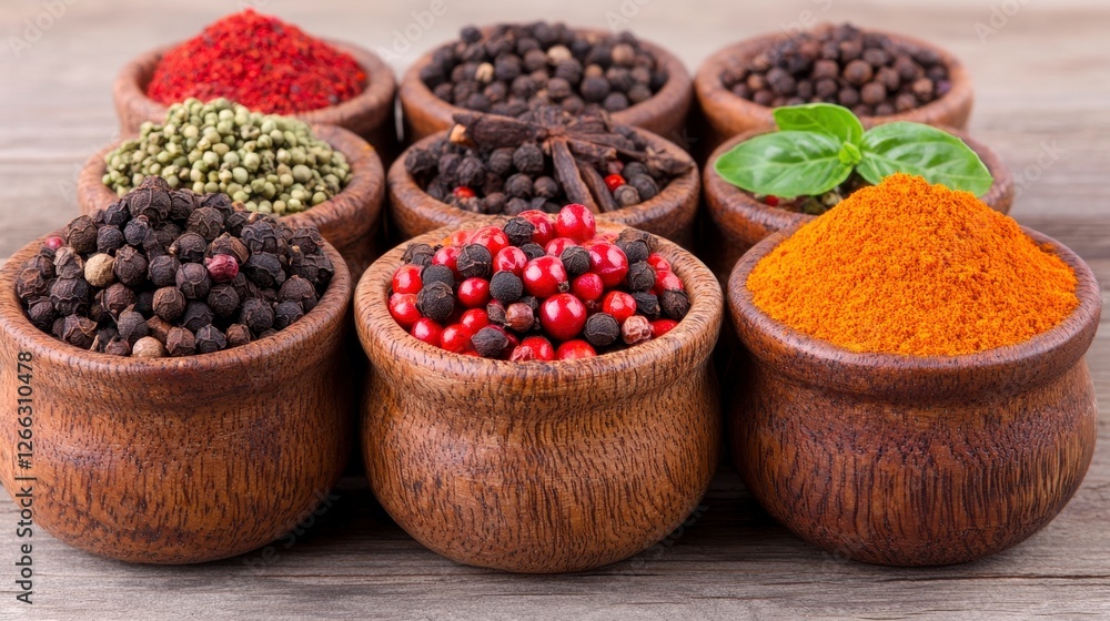 Vibrant Spice Assortment In Rustic Bowls, Generative AI. Vibrant Spice Assortment In Rustic Bowls, Generative AI.