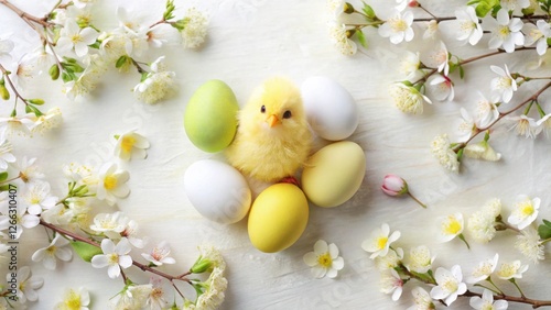 A fluffy chick nestled among pastel eggs and delicate spring blossoms, symbolizing renewal and new life.