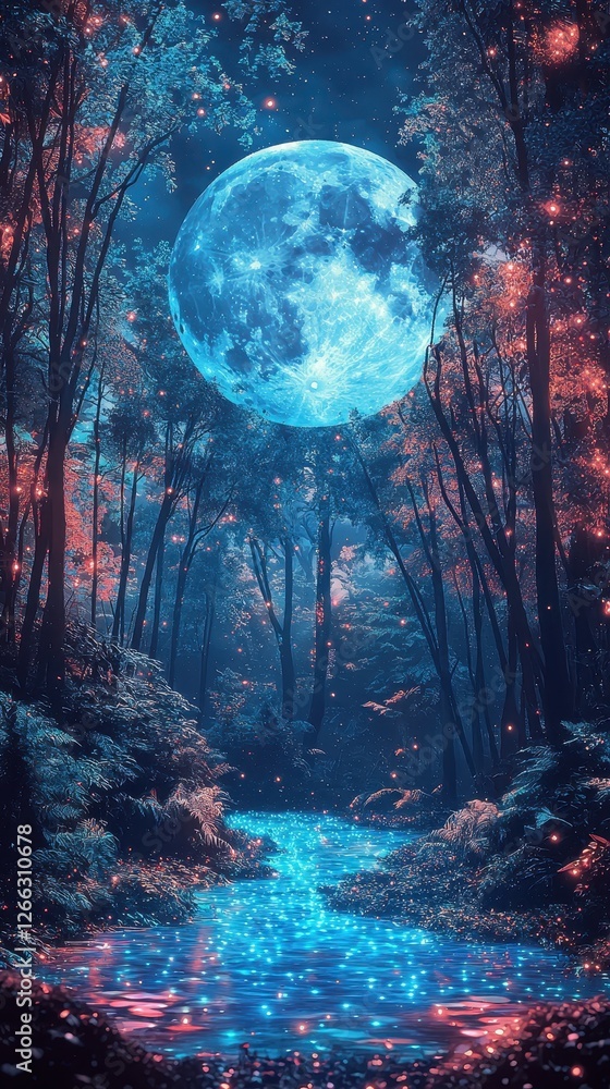 Fototapeta premium Enchanted Neon Forest with Glowing River Under a Bright Moon
