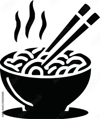 Noodles icon with chopsticks drawn by brush over white background. Vector illustration in cartoon design. Use for logos, icons, posters, graphics.