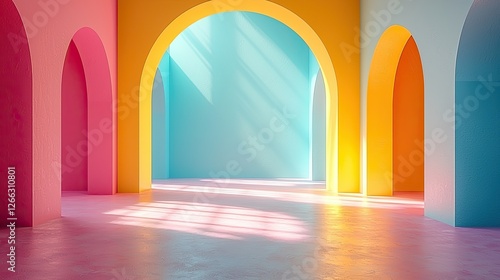 Vibrant interior space with colorful arches and soft lighting creating a serene atmosphere