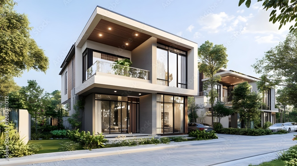 Modern residential houses with lush landscaping and clear blue sky, showcasing contemporary architecture Modern residential houses with lush landscaping and clear blue sky, showcasing contemporary architecture