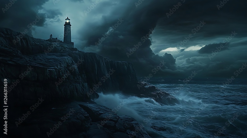 Fototapeta premium Lighthouse standing on rocky cliffs during a stormy night