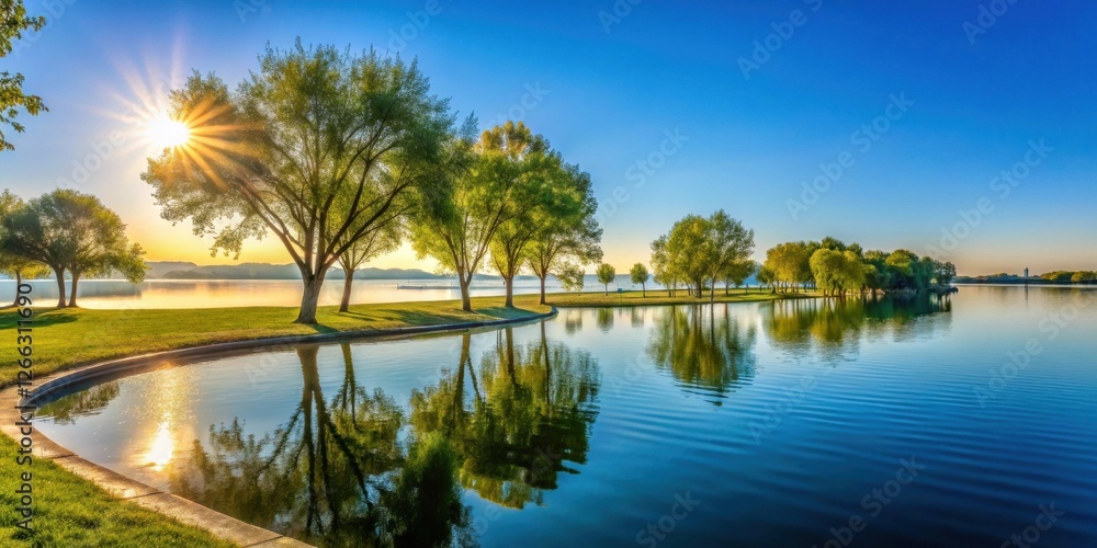 Serene sunrise over a calm lake with lush green trees reflected in the tranquil water, creating a picturesque and peaceful landscape. Serene sunrise over a calm lake with lush green trees reflected in the tranquil water, creating a picturesque and peaceful landscape.