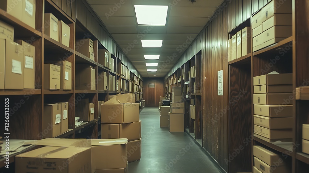 Dusty office hallway filled with boxes of documents Dusty office hallway filled with boxes of documents