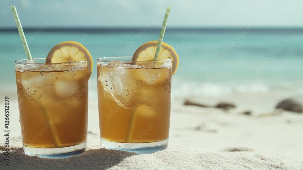 Fototapeta premium Refreshing iced drinks with lemon slices sit on the beach under a sunny sky near the ocean