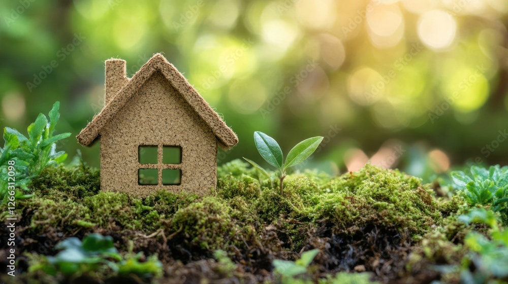 Eco-friendly house model in forest, sunlight, growth Eco-friendly house model in forest, sunlight, growth