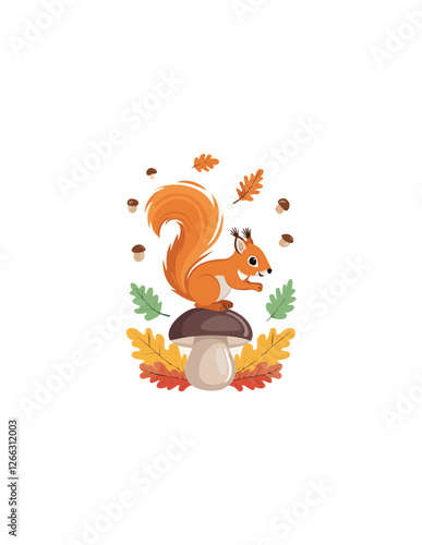 A playful squirrel perched on a mushroom, surrounded by autumn leaves and acorns in a woodland setting.