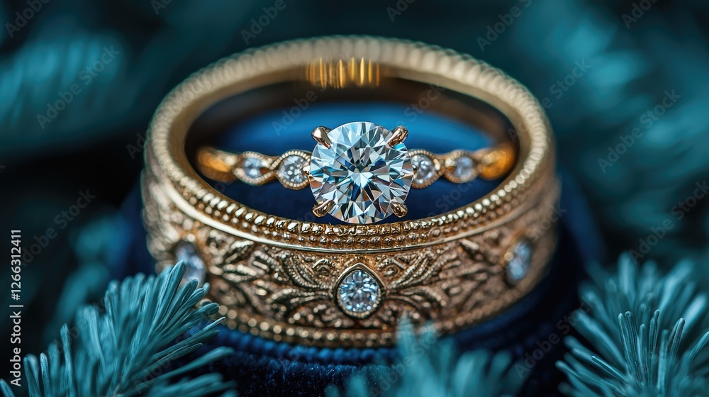 Close-up of an ornate golden wedding ring and engagement ring set on a dark velvet background Close-up of an ornate golden wedding ring and engagement ring set on a dark velvet background