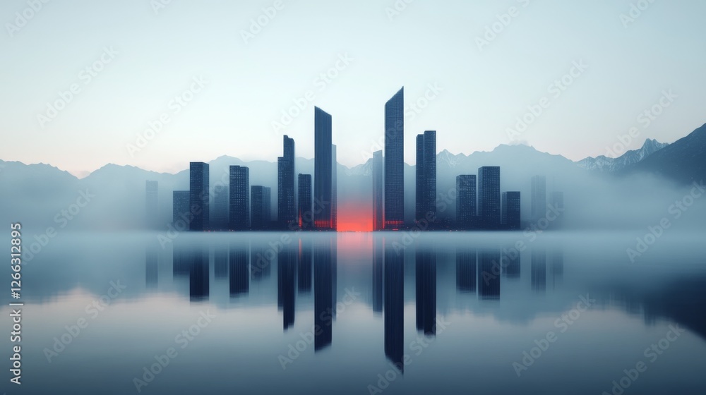 Futuristic cityscape reflection at dawn serene water minimalist Futuristic cityscape reflection at dawn serene water minimalist