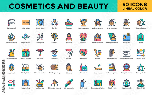 Cosmetics and Beauty icons set with eyebrow gel, false lashes, beauty sleep, spa day, massage, facial treatment, makeup remover, acne treatment, anti aging icon. Simple lineal color vector 
