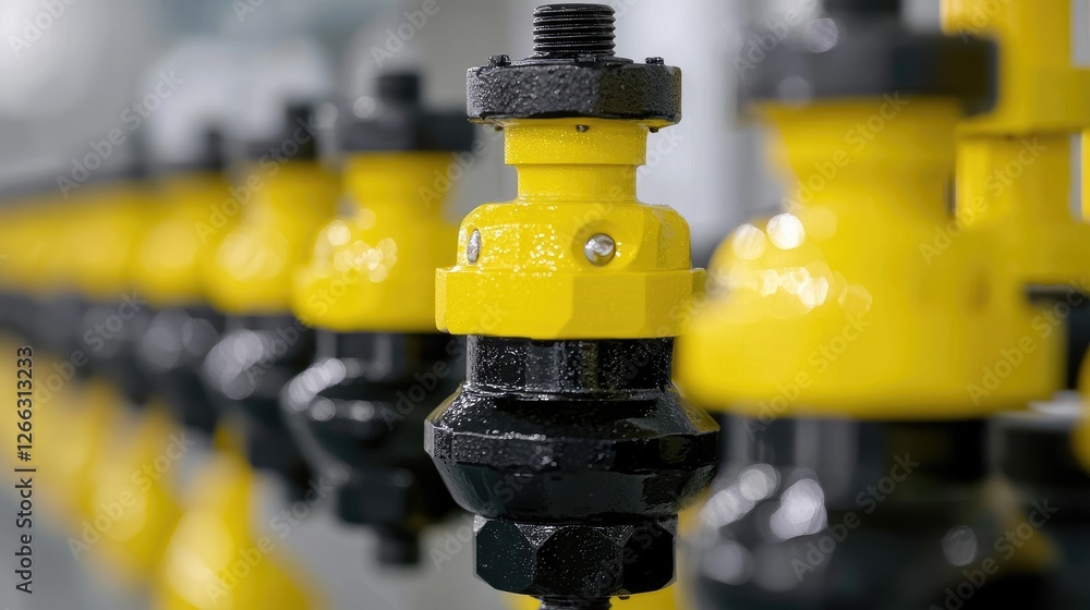 Industrial yellow and black valves in a row Industrial yellow and black valves in a row