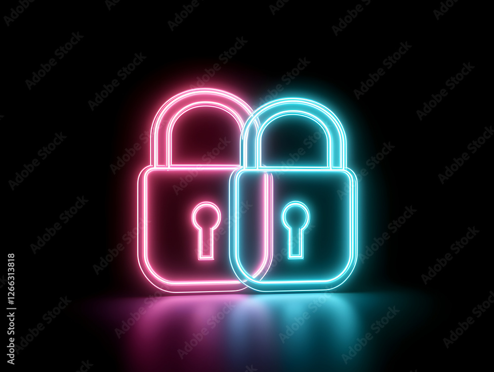 Neon digital padlocks in pink and blue colors, interconnected, symbolize security and protection in modern digital world. glowing effect adds vibrant touch to concept of safety