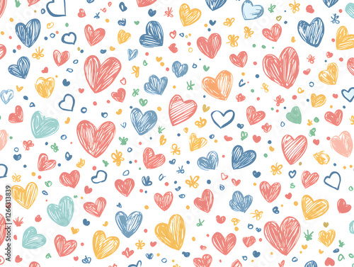 Colorful hand drawn heart icons create cheerful pattern, perfect for various designs. This vibrant illustration features red, blue, and yellow hearts among playful flowers and shapes