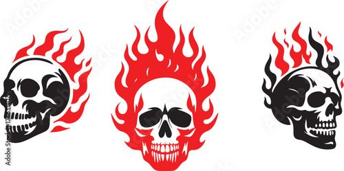 Three flaming skulls in red and black.