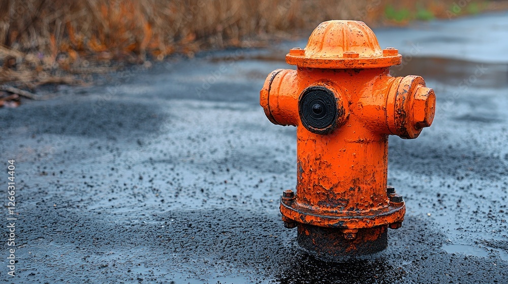 Bright orange fire hydrant standing on a wet asphalt surface surrounded by dry grass and foliage Bright orange fire hydrant standing on a wet asphalt surface surrounded by dry grass and foliage