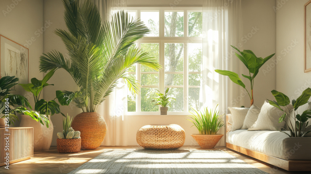 Bright Living Room with Lush Potted Plants and Natural Sunlight Bright Living Room with Lush Potted Plants and Natural Sunlight