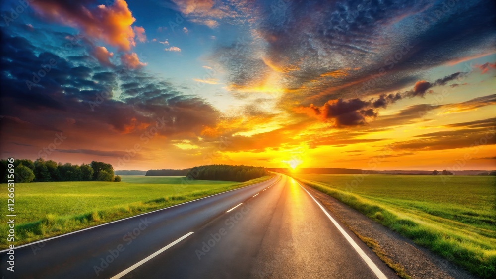 Asphalt Road Through Verdant Fields at Sunset, a Vibrant Panorama of Nature's Splendor and the Promise of Open Road Adventures Asphalt Road Through Verdant Fields at Sunset, a Vibrant Panorama of Nature's Splendor and the Promise of Open Road Adventures