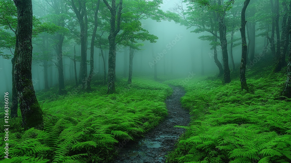 Obraz premium Serene misty forest path surrounded by lush ferns and trees, evoking tranquility and nature's beauty