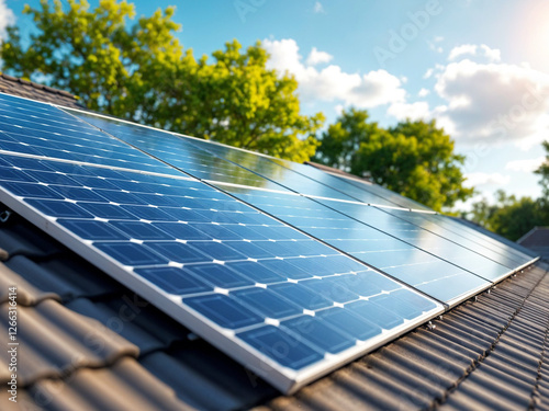 Rooftop solar panels on a suburban home during a sunny summer afternoon, showcasing photovoltaic cells with blue hues, clear sky, green trees in the background.
