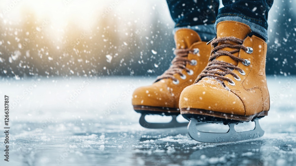 A close-up of ice skates on a snowy ice rink, capturing the essence of winter sports and the joy of skating. A close-up of ice skates on a snowy ice rink, capturing the essence of winter sports and the joy of skating.