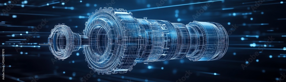 Obraz premium Wireframe vector gear on a dark blue background, mechanical engineering symbol, machine technology, business plan development, project design, engine work visual concept