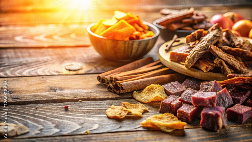 Aromatic Dried Fruit and Meat Snacks with Cinnamon Sticks on Rustic Wooden Surface Aromatic Dried Fruit and Meat Snacks with Cinnamon Sticks on Rustic Wooden Surface
