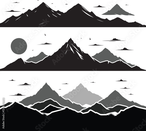 Three scenic mountain range illustrations.