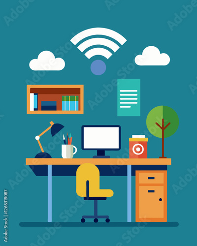 With a stable wifi connection and plenty of desk space this is the ideal setting for remote work.. Vector illustration