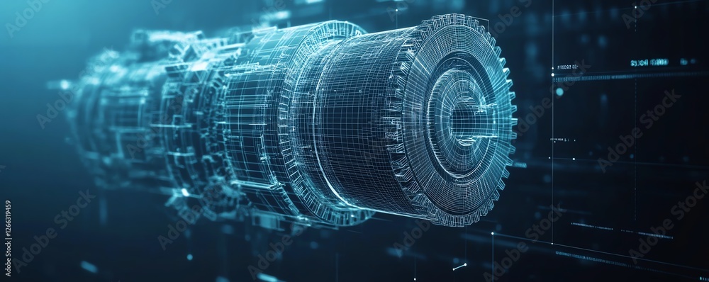 Obraz premium Dark blue background with vector wireframe gear, mechanical technology and engineering symbol, project development concept, business plan illustration, engine work schematic