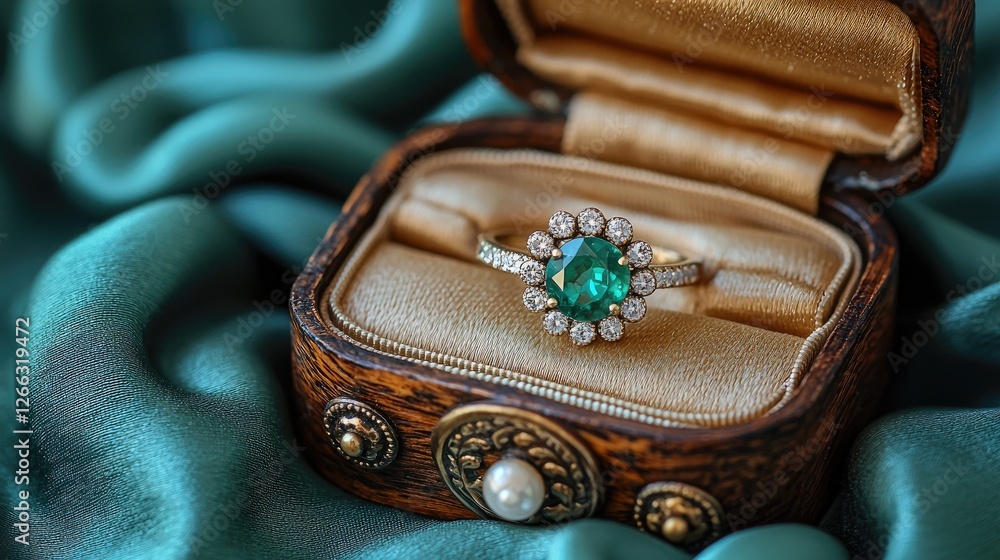 Fototapeta premium Elegant emerald ring displayed in a vintage jewelry box on luxurious satin fabric background