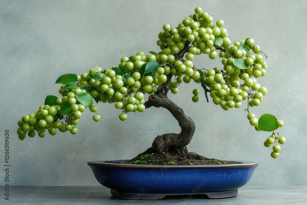 Fruiting bonsai tree, indoor setting, grey background, zen garden Fruiting bonsai tree, indoor setting, grey background, zen garden