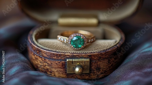 Elegant emerald ring showcased in vintage wooden box with soft fabric background