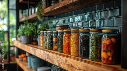 Colorful jars of preserved vegetables and fruits lined on rustic wooden shelves in a vibrant kitchen