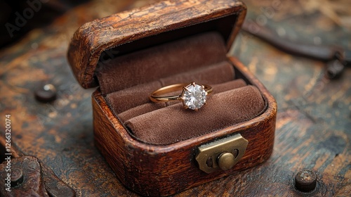 Elegant vintage ring displayed in an antique box on a rustic wooden surface, creating a romantic atmosphere