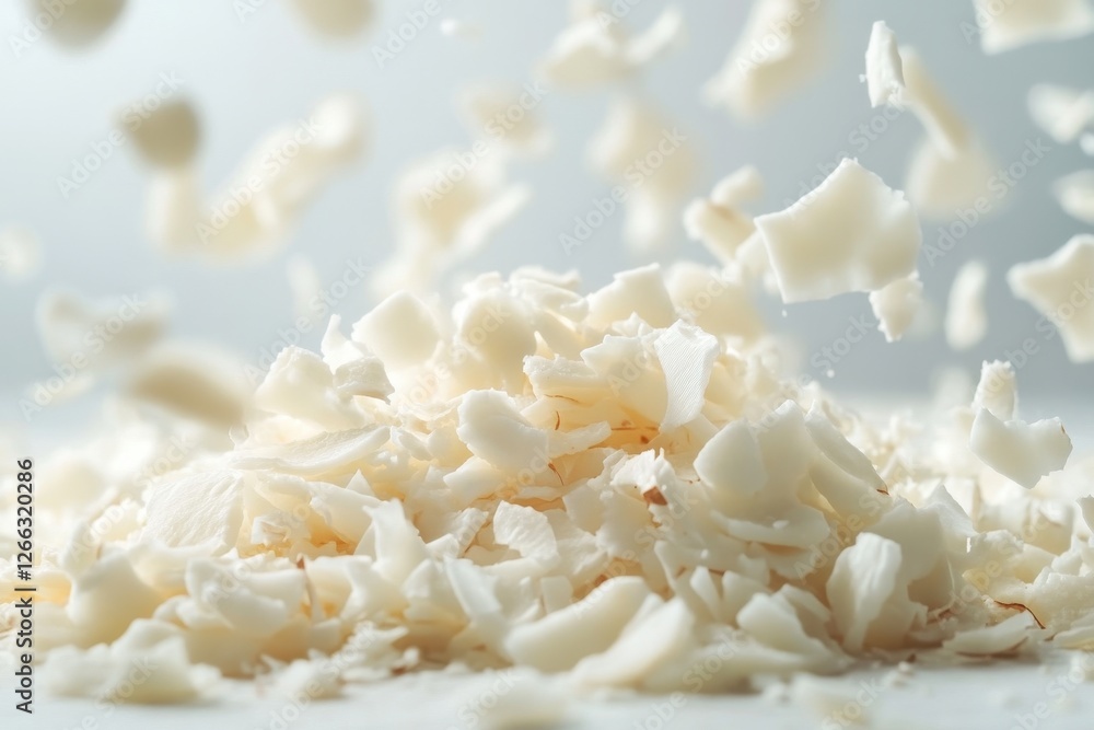 Pile of shredded coconut flakes falling. Perfect for food blogs, recipes, or product packaging showcasing coconut products. Pile of shredded coconut flakes falling. Perfect for food blogs, recipes, or product packaging showcasing coconut products.