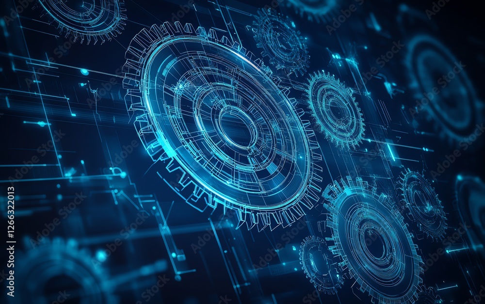 Obraz premium Wireframe gear illustration on dark blue background, mechanical engineering symbol, machine work, business plan, project development, engine design concept