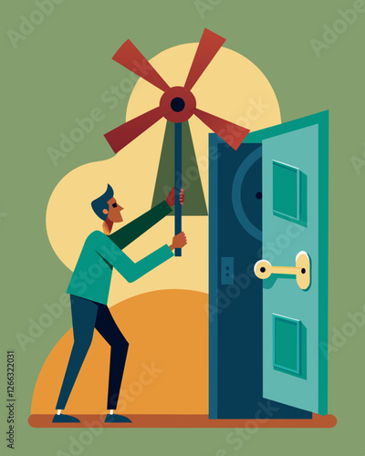With a rusted key found in the depths of the windmill the freelancer unlocks a hidden door that leads to a secret room inspiring them with an unexpected burst of creativity.. Vector illustration