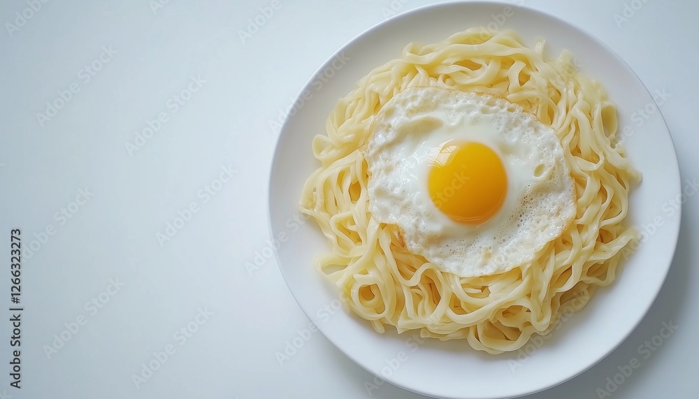 Noodle and egg yolk preparing cook on white plate for simple breakfast Noodle and egg yolk preparing cook on white plate for simple breakfast