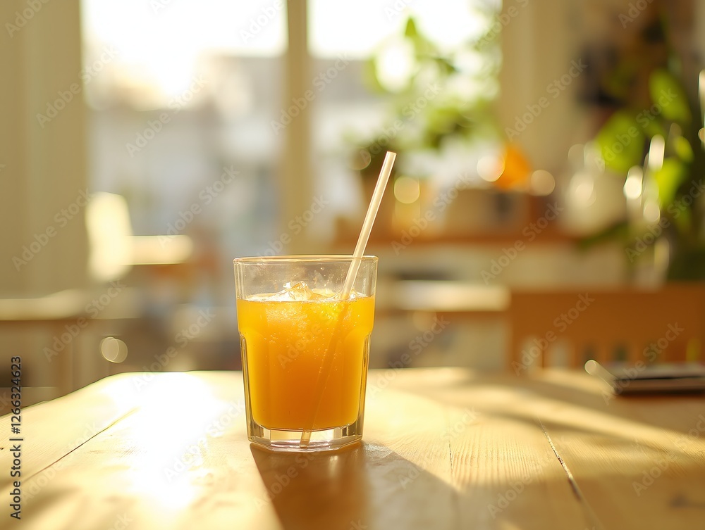 Refreshing orange juice with straw on sunlit wooden table indoors Refreshing orange juice with straw on sunlit wooden table indoors