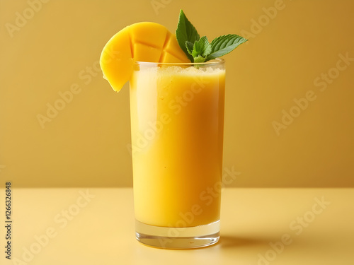 Tropical Mango Smoothie: A refreshing summer mango smoothie served in a tall glass, topped with a slice of fresh mango and a sprig of mint. 