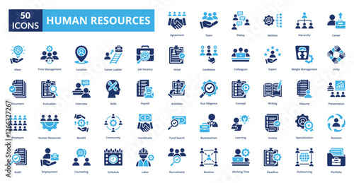 Human Resources fill icon collection set. Includes talent, opportunity, efficiency, skill, supply, solution, system, control, source, interview, employee